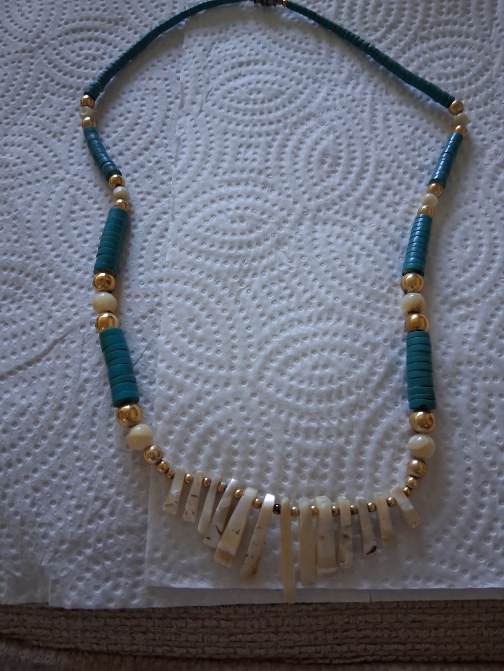 Teal and Cream Beaded Necklace with Gold Accents